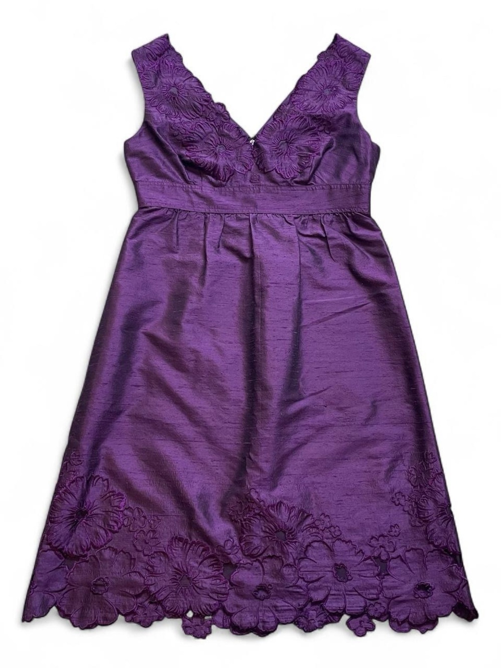 Adrianna Papell Petite Silk Blend Dress with Floral Embroidered Neckline & Hem